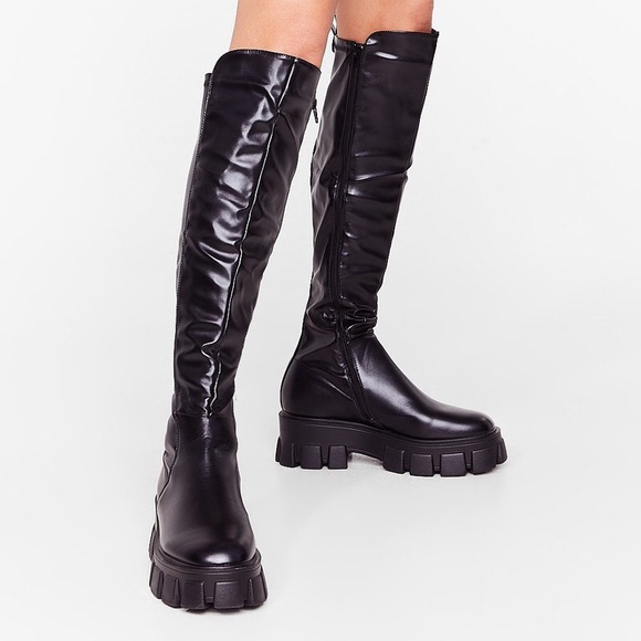 Nasty Gal Faux Leather Chunky Flat Knee 